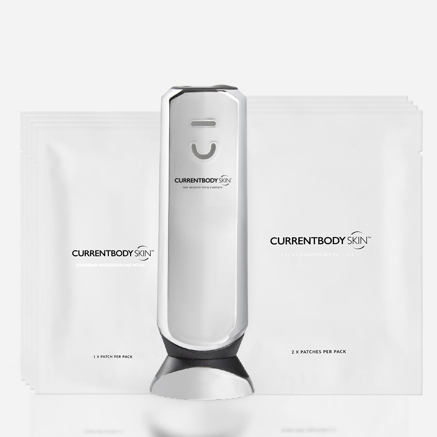 CurrentBody Radio Frequency & Microneedling Starter Kit bundle; includes CurrentBody Skin Radio Frequency RF Device with forehead and under-eye microneedling patches. 