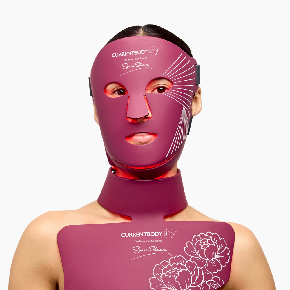 Woman wearing the Sonia Selaire LED Face and Neck Kit 